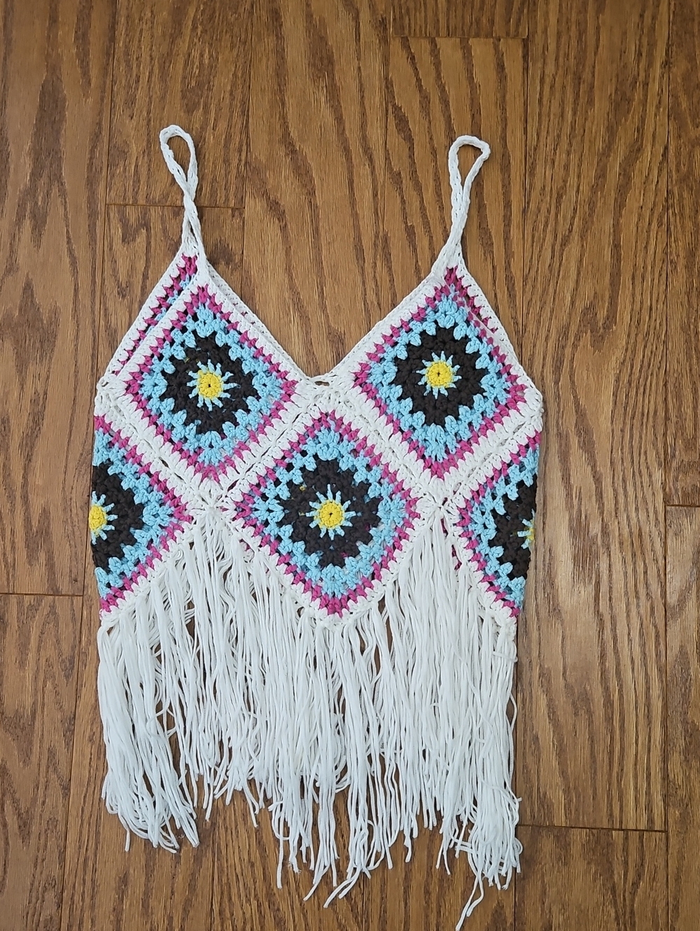 Rebellion Boho Granny Square Crochet Fringe Tank Top Sz Medium